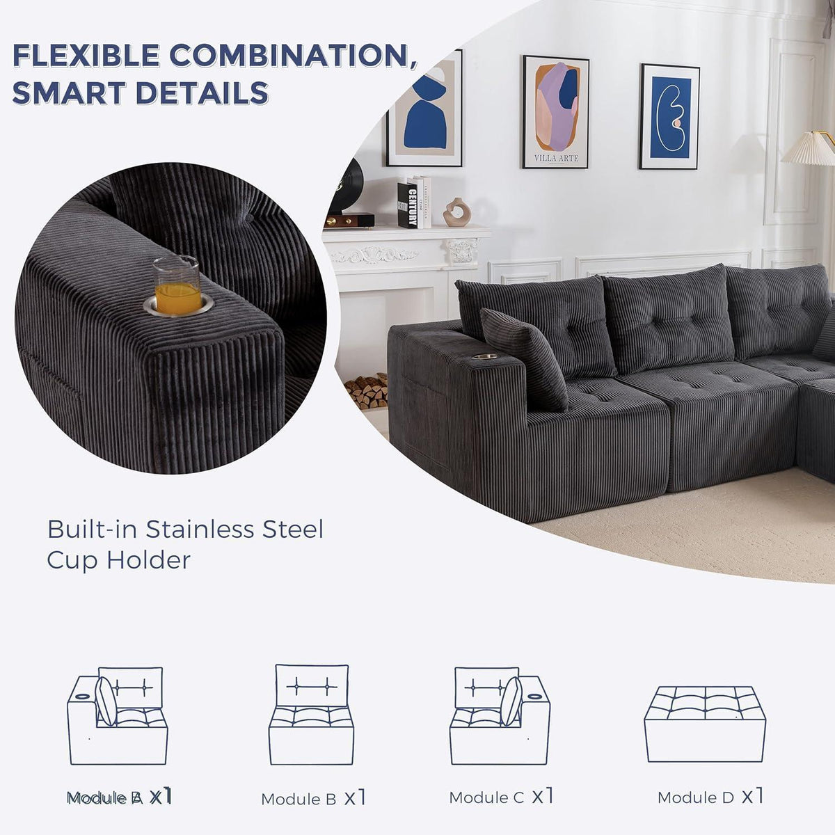 MAXYOYO Ecksofa Cord Stoff mit Getränkehaltern, Modular & Bequem