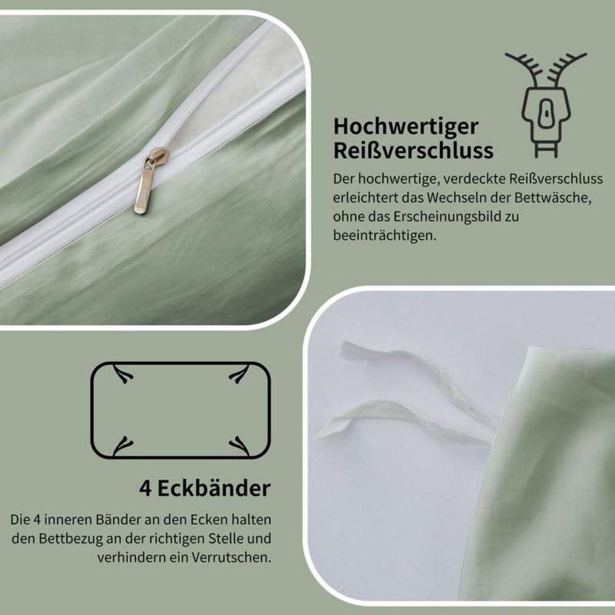 Mako Satin Bettwäsche Set 200x220 cm Salbeigrün 3-teilig