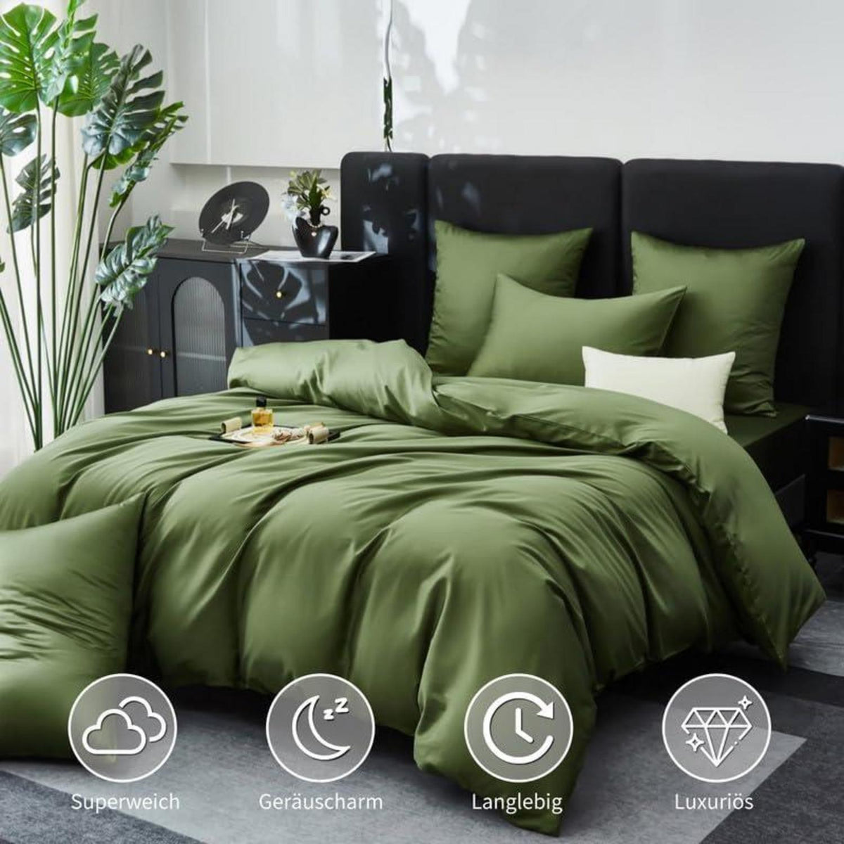Mako Satin Bettwäsche Set 220x240cm Olivgrün 3tlg.