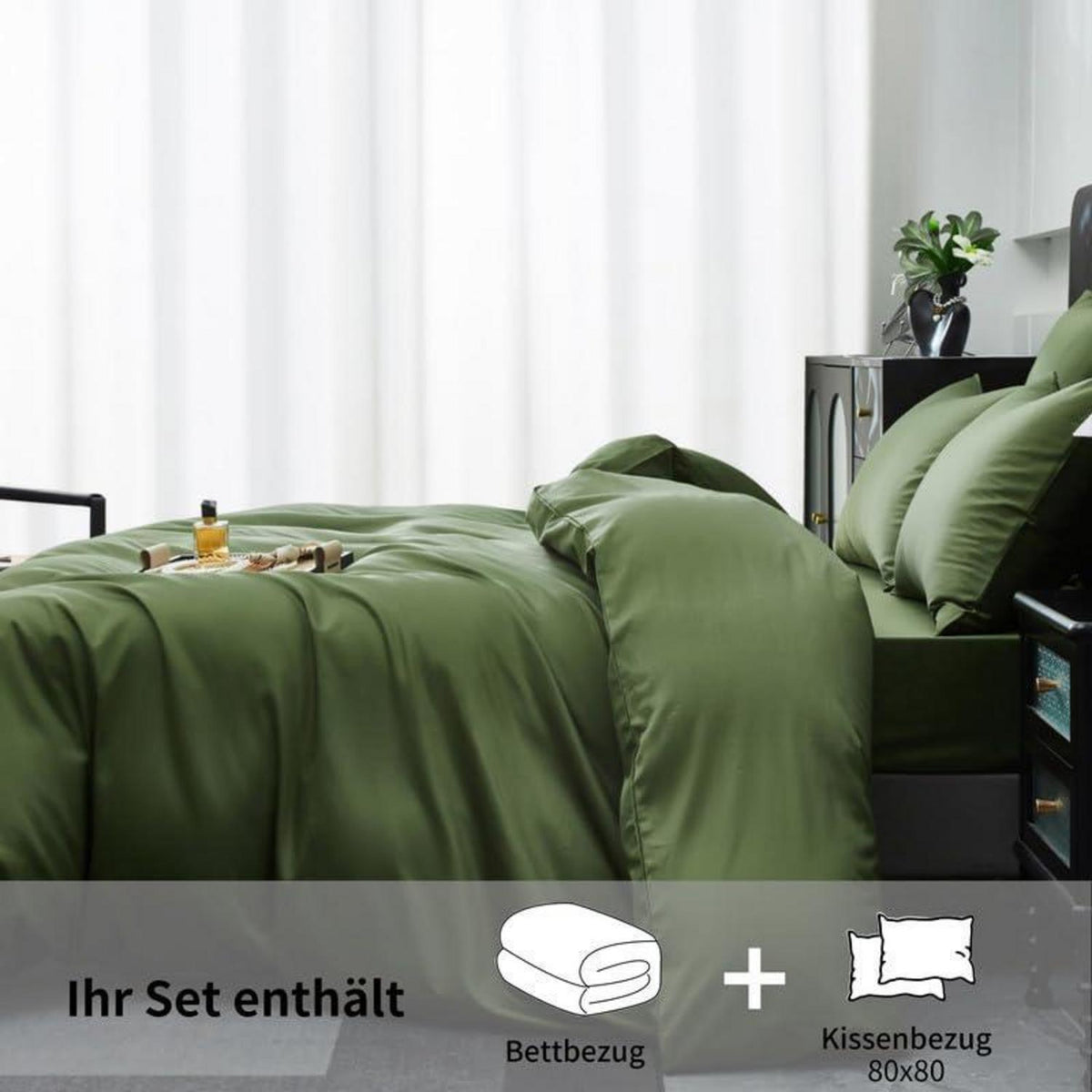 Mako Satin Bettwäsche Set 220x240cm Olivgrün 3tlg.