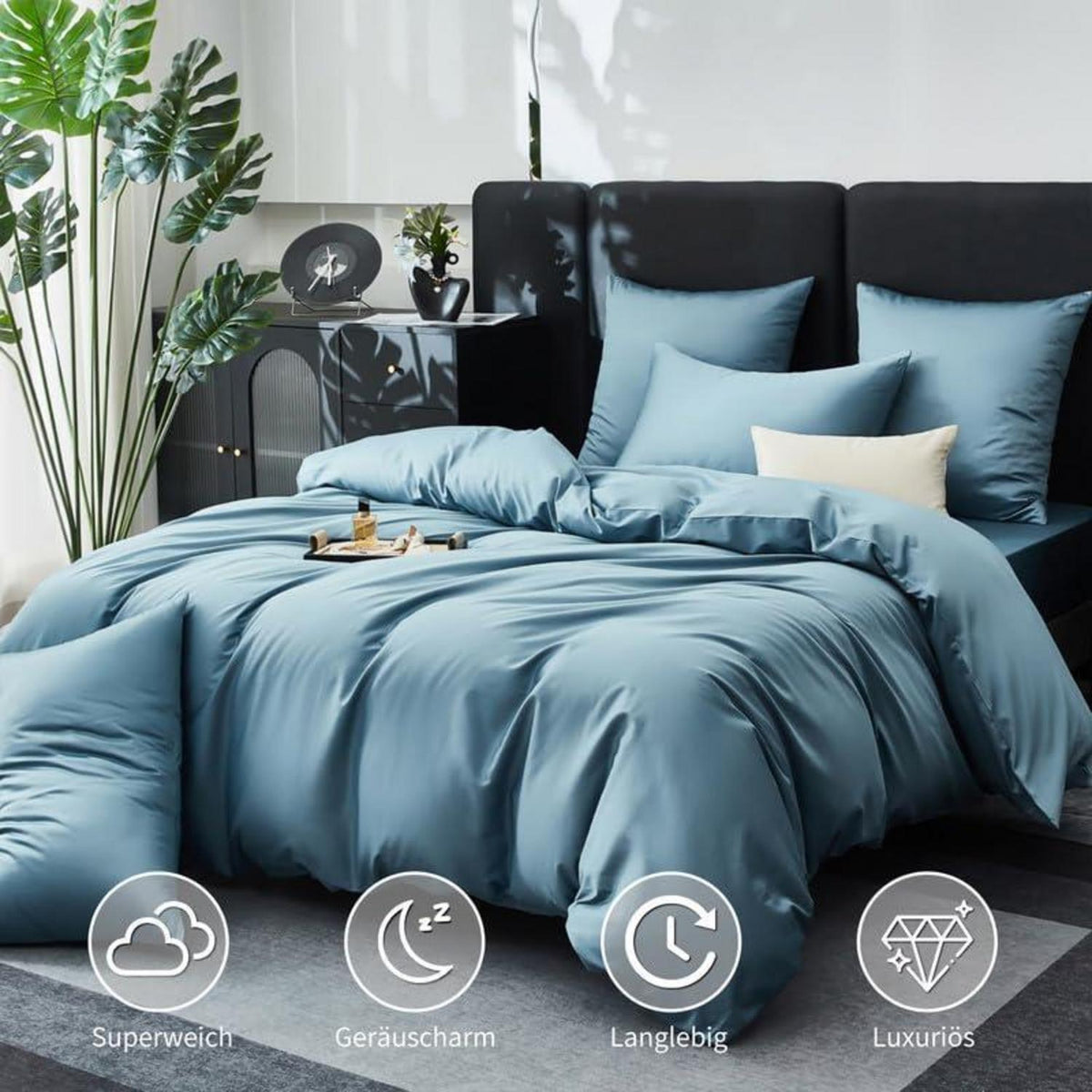 Mako Satin Bettwäsche Set 220x240cm Petrol Blau 3tlg.