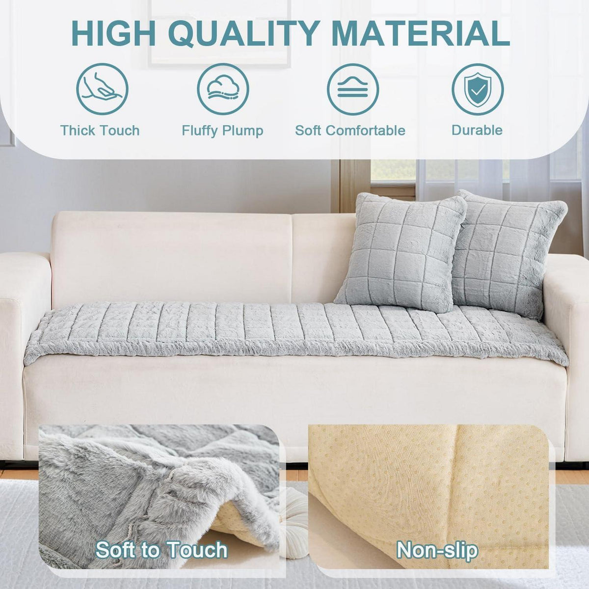Plüsch Sofaüberwurf mit Muschelrand – Hellgrau-Holzoptik 70x210cm