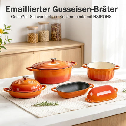 Gusseisen Bräter Oval mit Deckel – 7.6L Emaille Topf