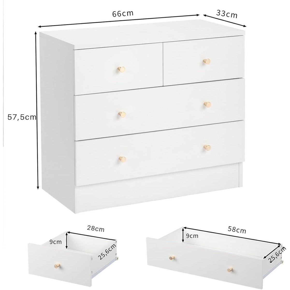 Weißes Schlafzimmer Kommode mit 4 Schubladen & Stauraum