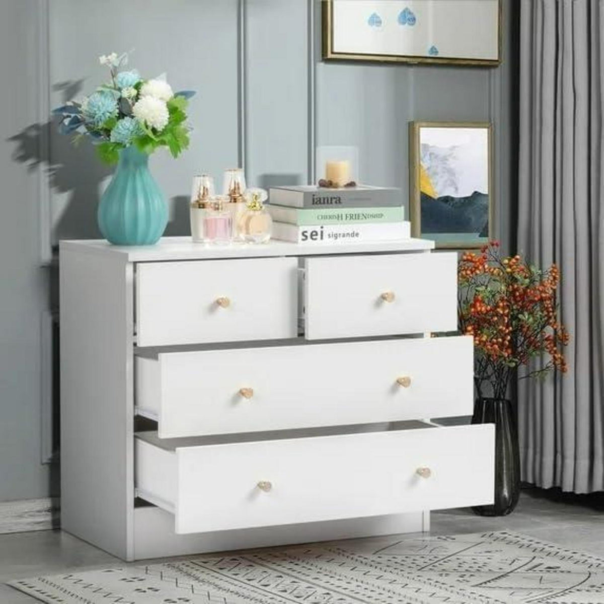 Weißes Schlafzimmer Kommode mit 4 Schubladen & Stauraum