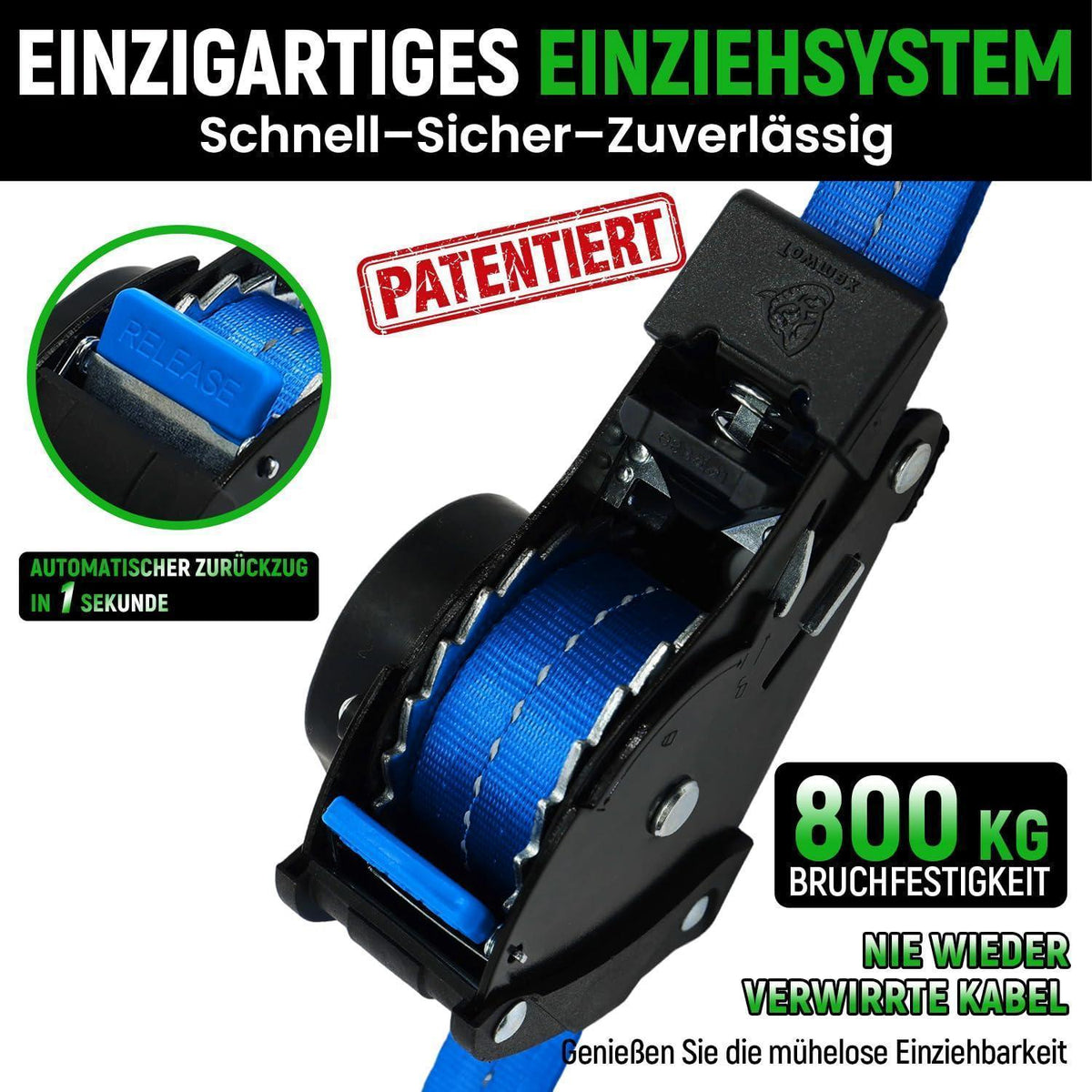 Automatischer Spanngurt-Set 3,6m mit J-Haken – 4er Pack