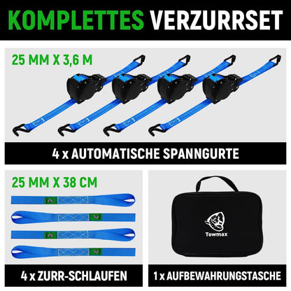 Automatischer Spanngurt-Set 3,6m mit J-Haken – 4er Pack