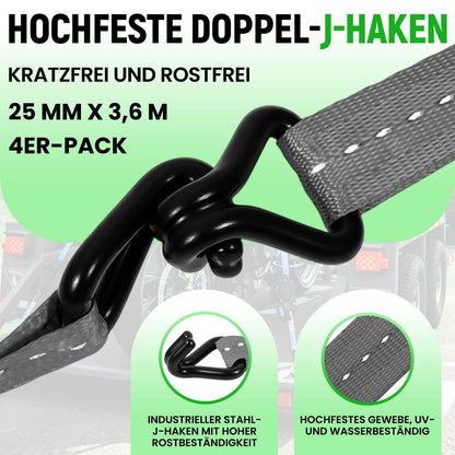 Automatischer Spanngurt-Set 3,6m mit J-Haken – 4er Pack