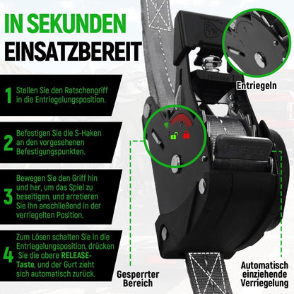 Automatischer Spanngurt-Set 3,6m mit J-Haken – 4er Pack