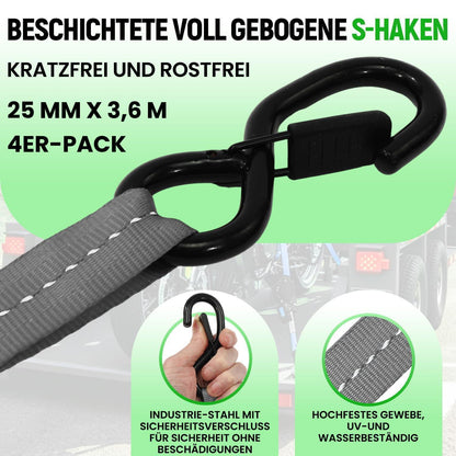 Automatischer Spanngurt-Set 3,6m mit S-Haken – 4er Pack