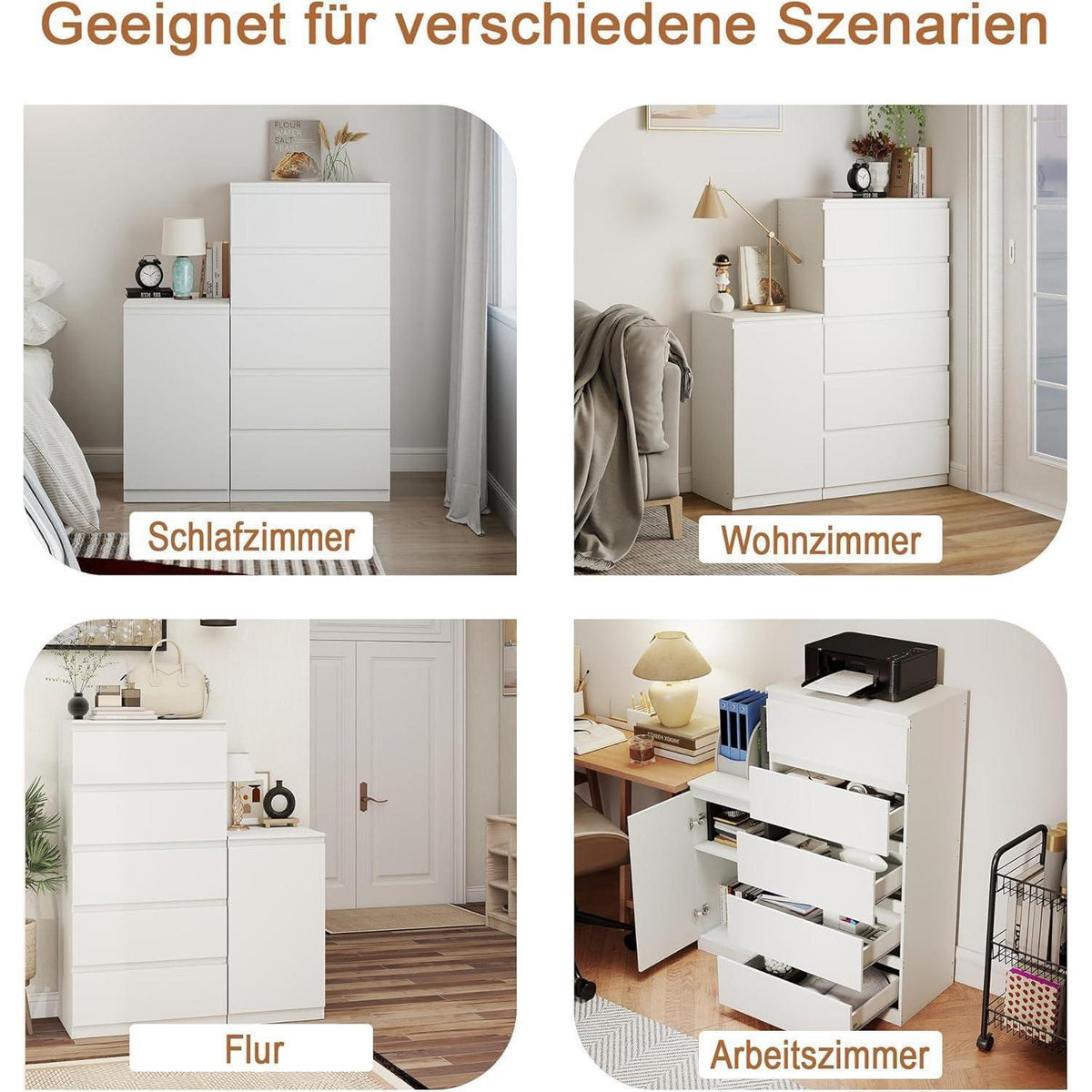 2er-Set Kommoden Weiß mit 0 & 5 Schubladen – Schlafzimmer & Büro