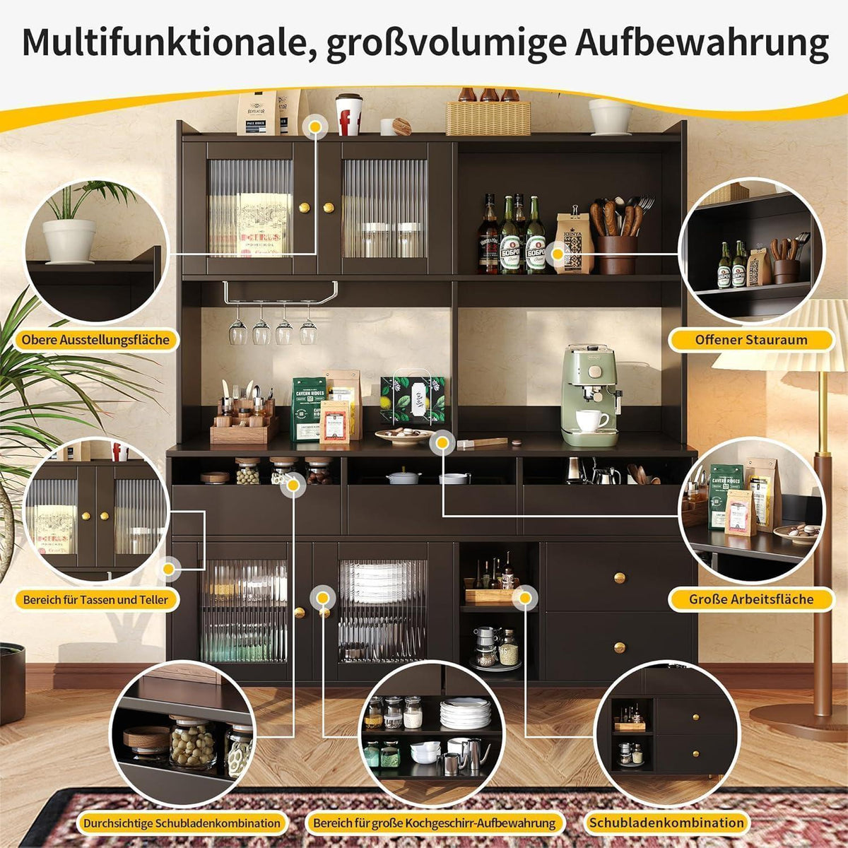 Küchenschrank Hochschrank mit Glastür & Weinregal, Schwarz