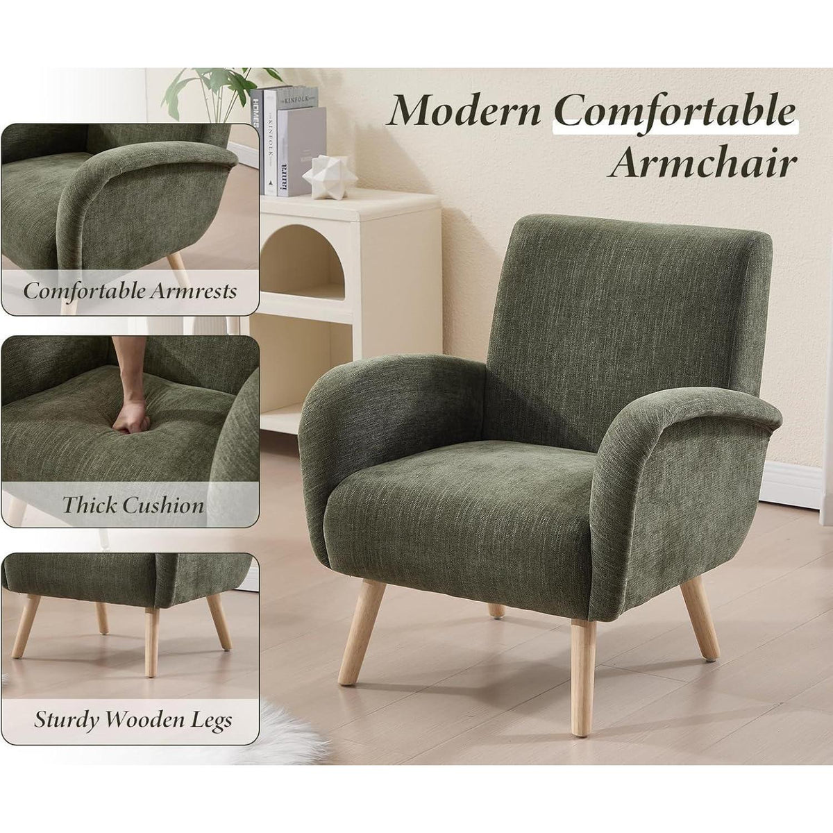 Chenille Loungesessel mit Holzbeinen – Grün