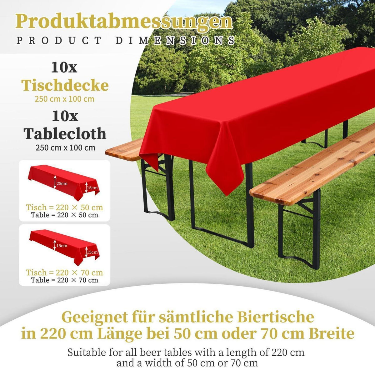 10x Rote Tischdecke für Biertisch (250x100cm) – Waschbar & Robust