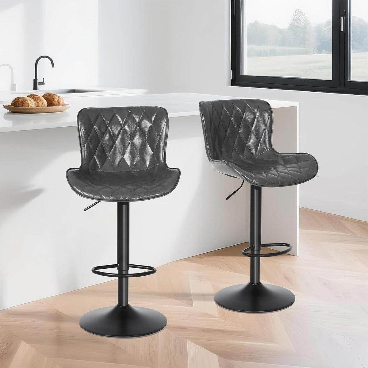Verstellbare Barhocker Set (3x) – Dunkelgrau, Fußstütze in Lederoptik