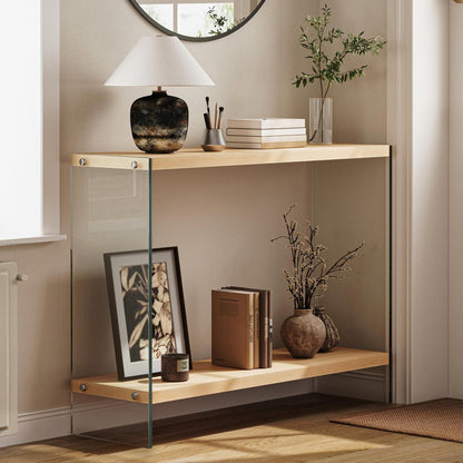 Schmaler Konsolentisch Holz mit Glasbeinen | Flurtisch 100x30 cm