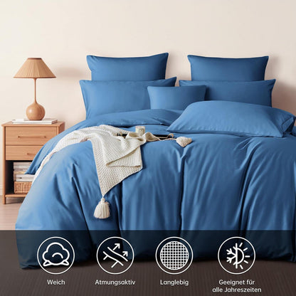 Satin Bettwäsche Set 220x240 cm Blau Mako Baumwolle