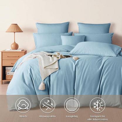 Satin Bettwäsche Set 200x200 cm Baumwolle Blau