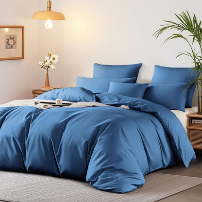 Satin Bettwäsche Set 200x220 cm Blau Mako Baumwolle