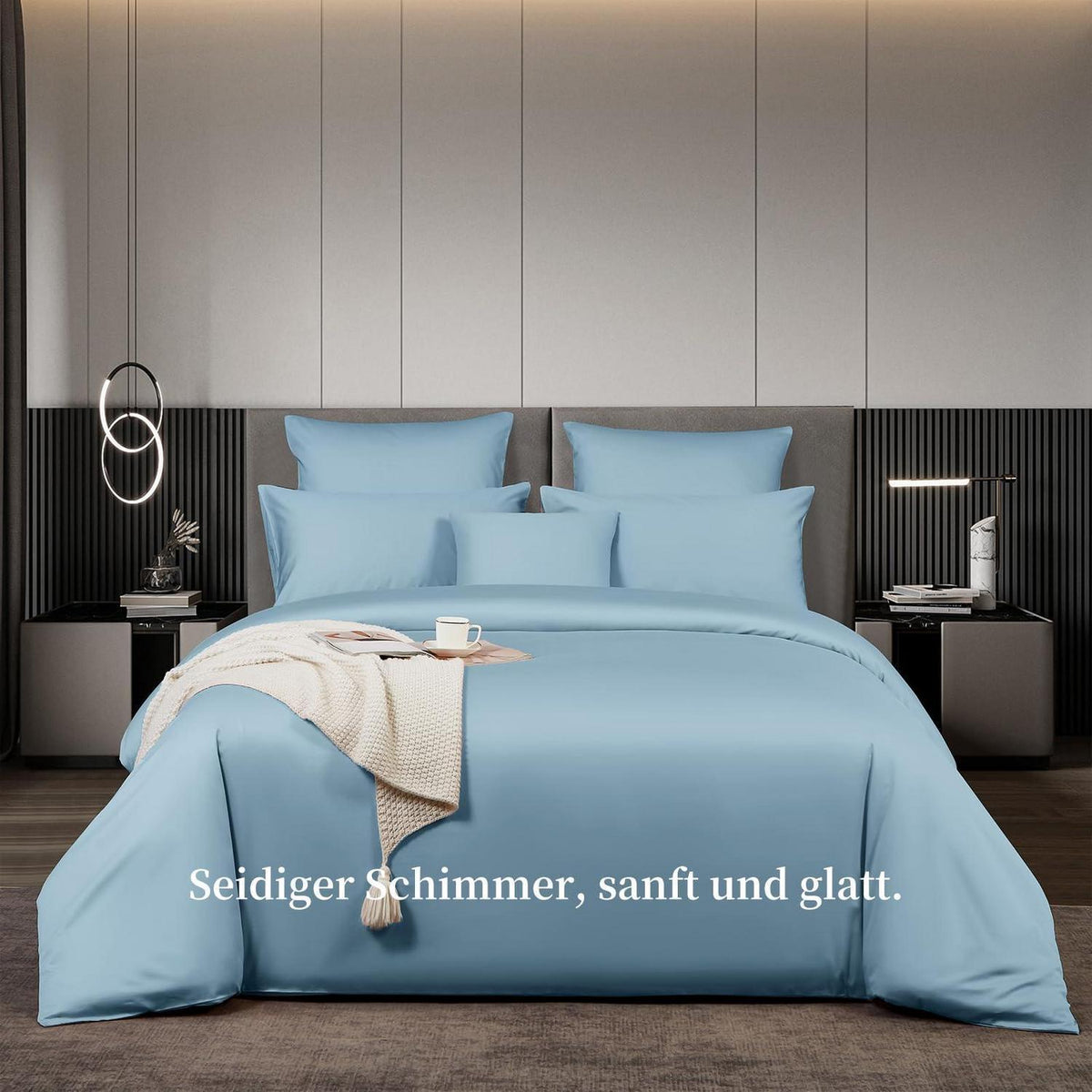Satin Bettwäsche Set 200x220 cm Baumwolle Blau