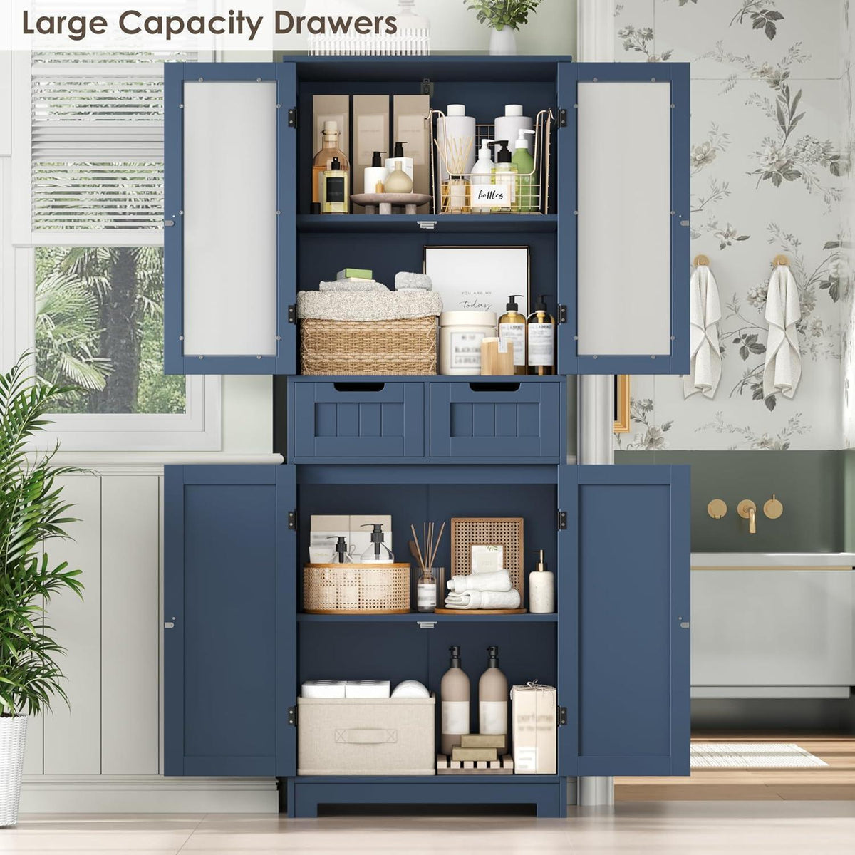 Hochschrank Badezimmerschrank mit Schubladen & Ablageflächen Blau