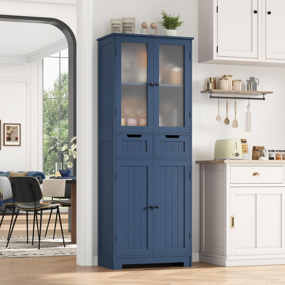 Hochschrank Badezimmerschrank mit Schubladen & Ablageflächen Blau