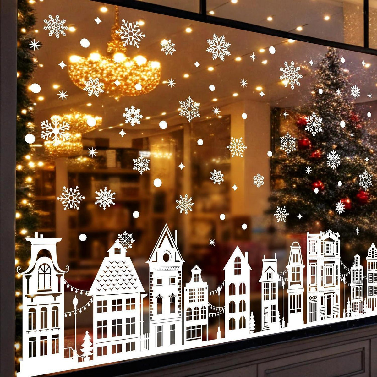 Weihnachts Fensterbilder Schneeflocken & Häuser Deko Aufkleber