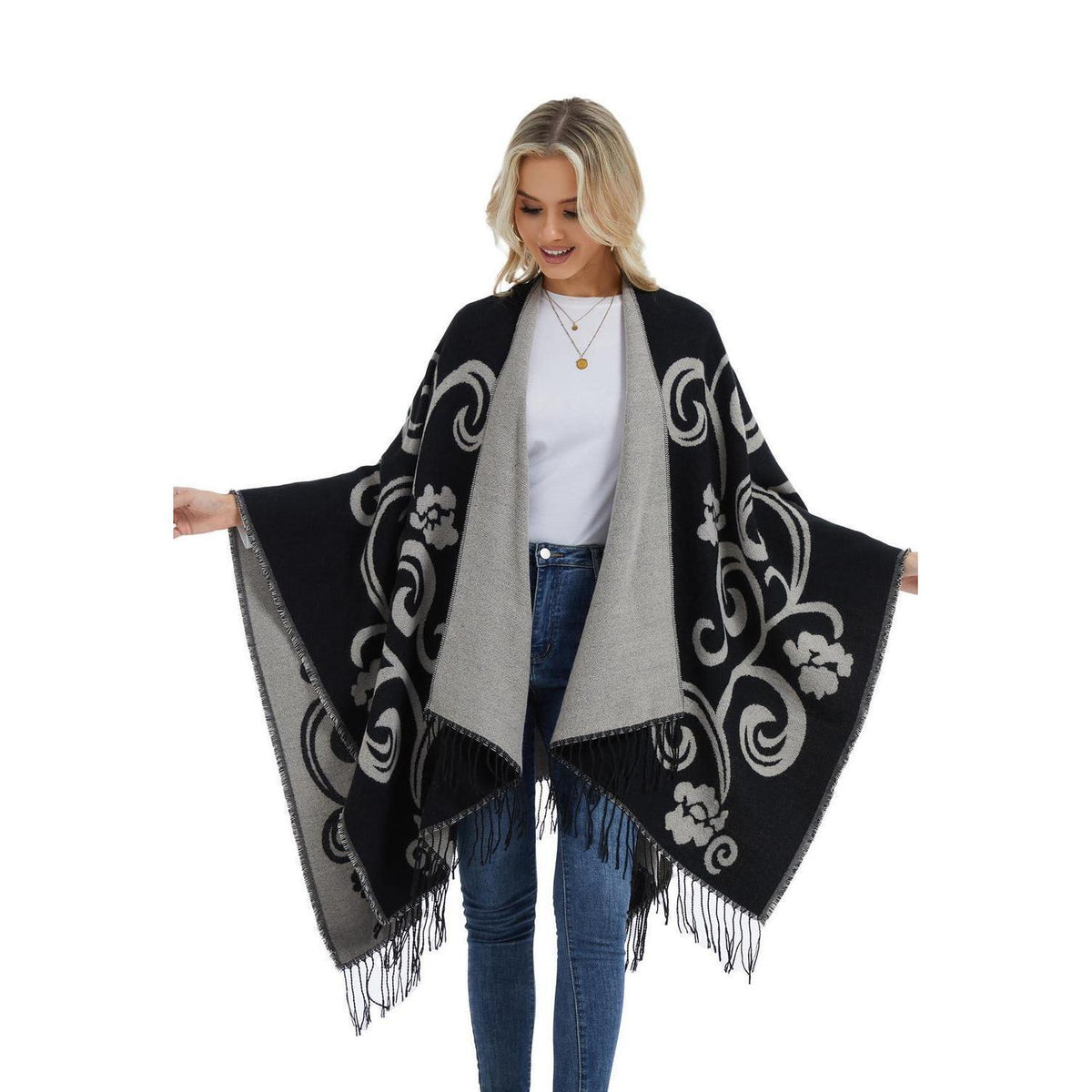 Poncho Strickjacke Damen Offene Front Schwarz Weiß | Übergroßer Schal-Pullover