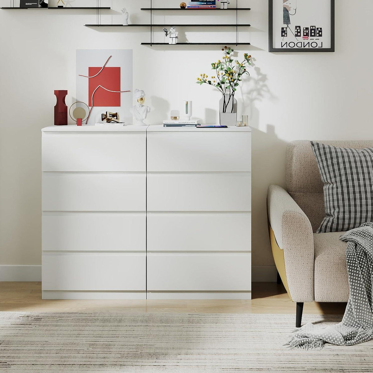 Weiße Kommode 2er-Set mit 4 Schubladen | 60cm breit