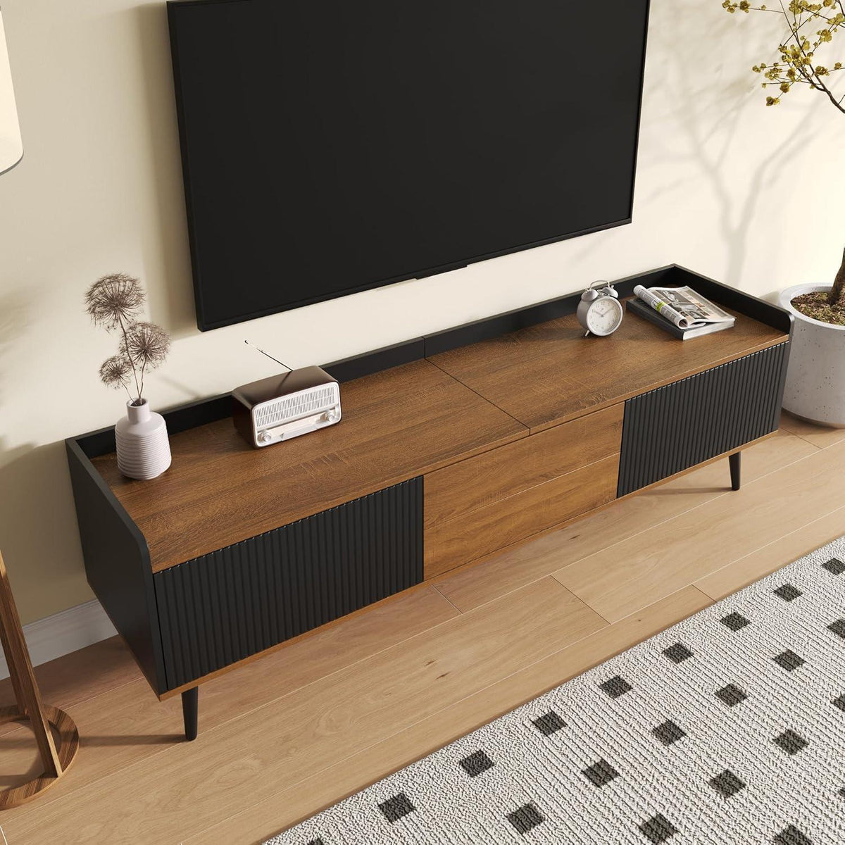 TV Lowboard Schwarz/Holz mit 3 Türen – 160x39x49,5cm