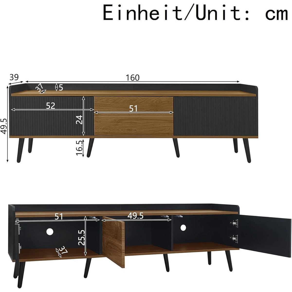 TV Lowboard Schwarz/Holz mit 3 Türen – 160x39x49,5cm