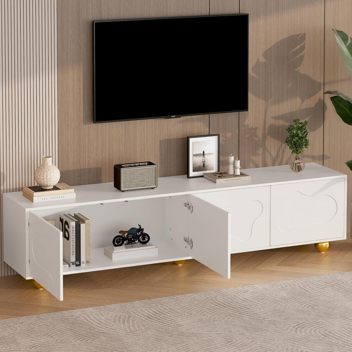 TV Lowboard weiß mit Wolken Design & Stauraum (180x40x45cm)
