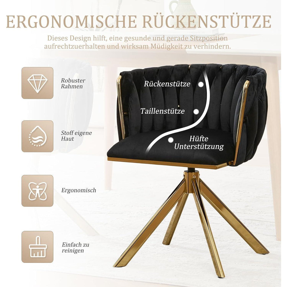 Esszimmerstühle 2er Set, Drehbar, Samt Schwarz Muster 5