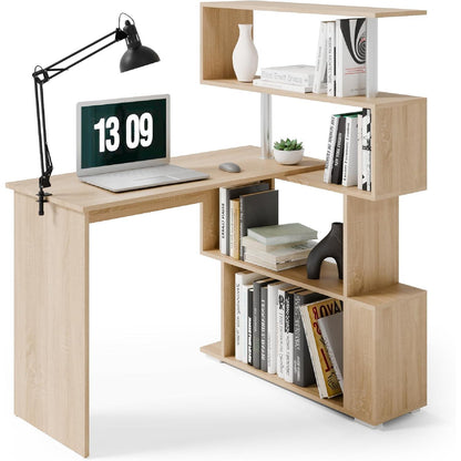 L-Schreibtisch mit drehbarem Bücherregal, Eiche