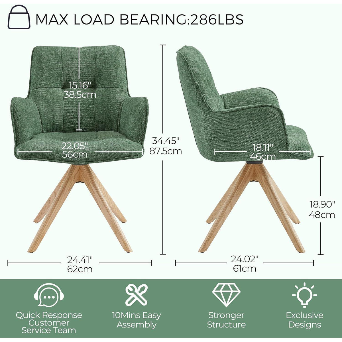 Drehbarer Esszimmerstuhl Set Grün - Bouclé & Eichenholz