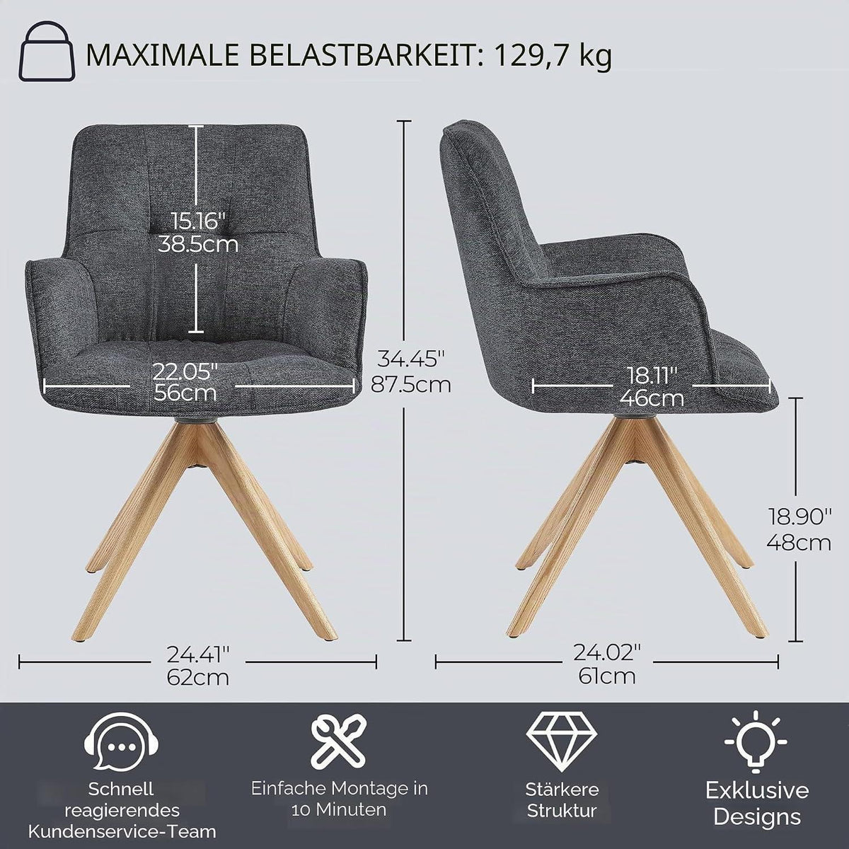 Drehstuhl Esszimmer 2er Set Dunkelgrau mit Armlehnen