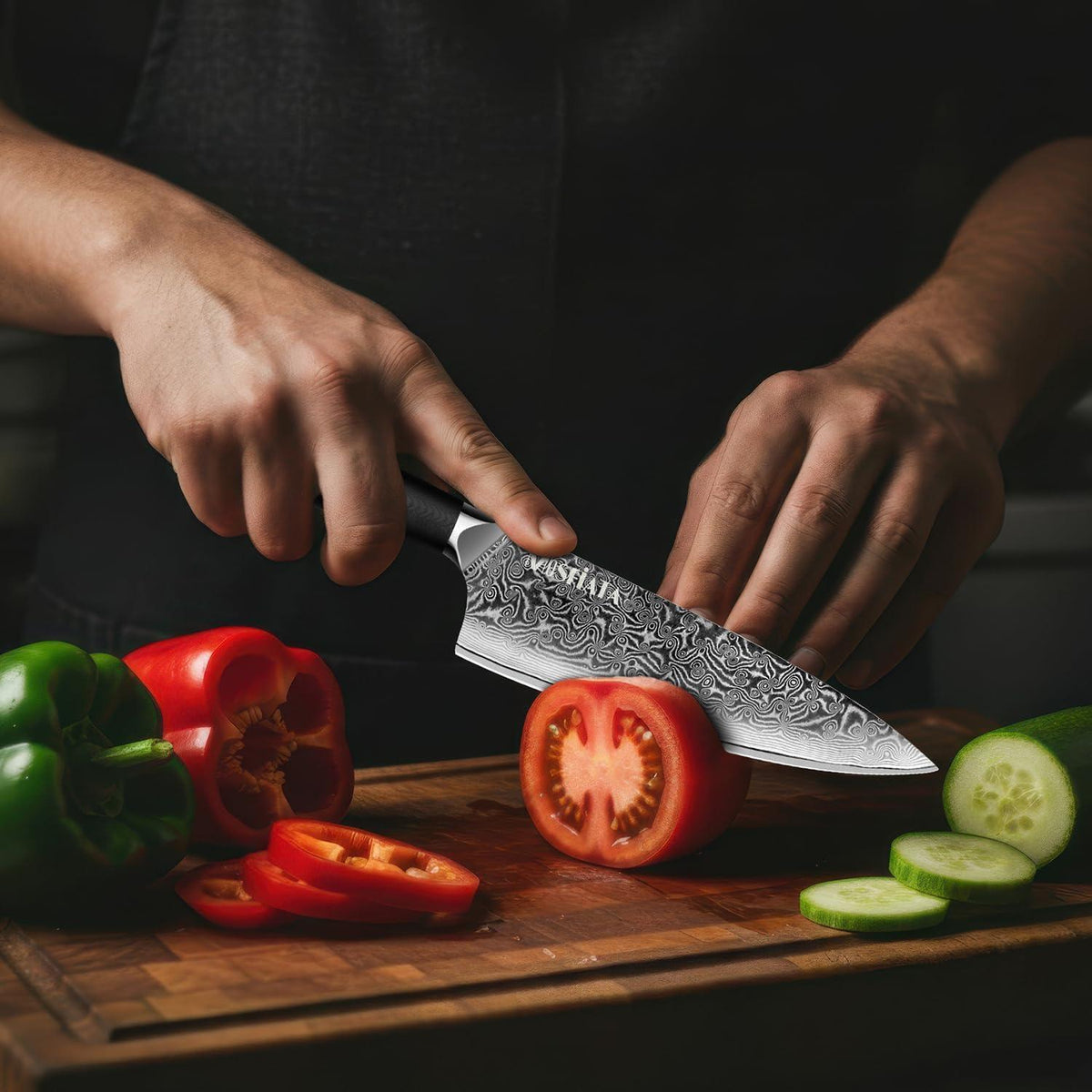 20cm Damast Kochmesser mit Wetzstahl – Scharfes Küchenmesser