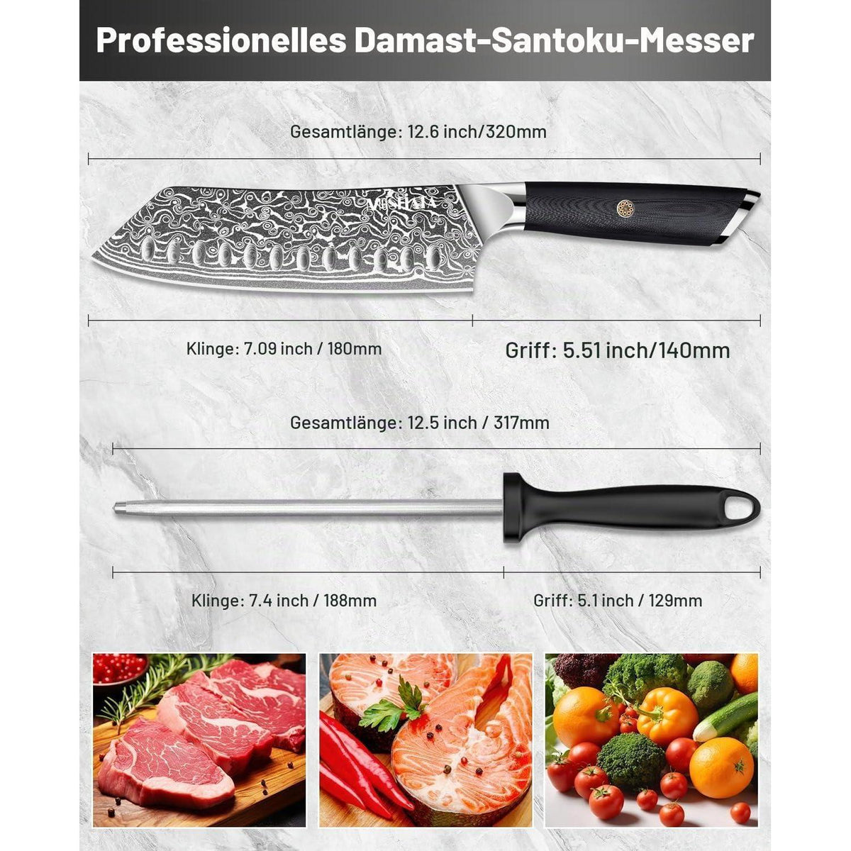 Damast Santoku Messer | Japanisches Kochmesser mit Wetzstahl