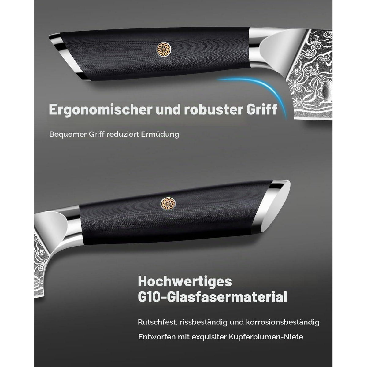 Damast Santoku Messer | Japanisches Kochmesser mit Wetzstahl
