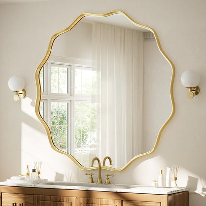 Runder Wandspiegel mit gewelltem Rand, Gold 105cm
