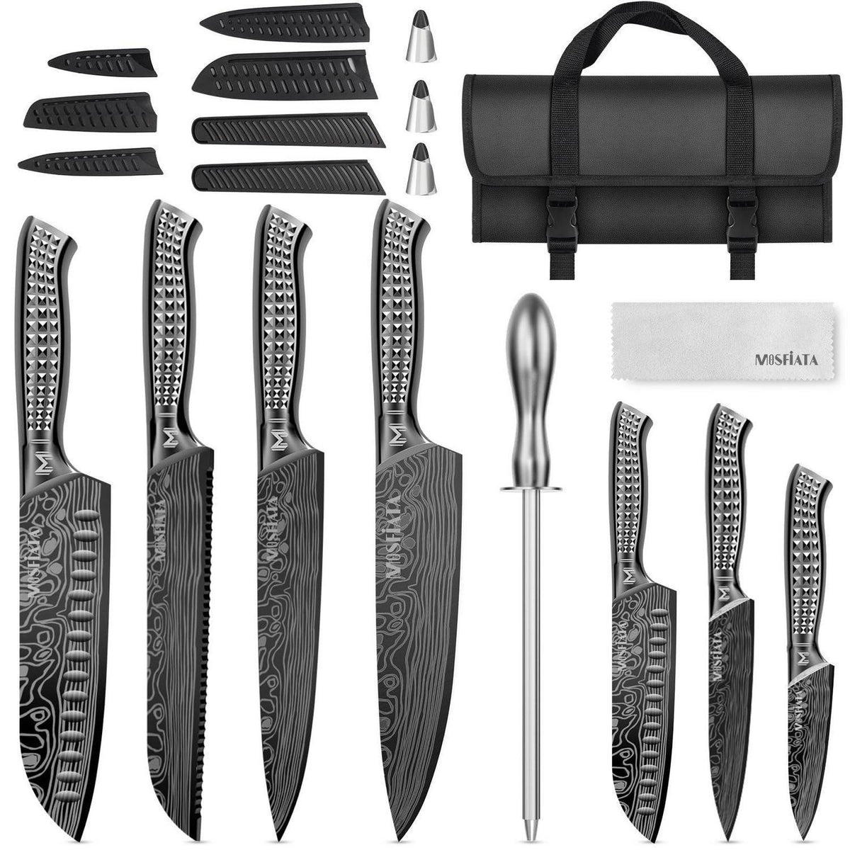 12-teiliges Küchenmesser-Set Edelstahl mit Wetzstahl & Tasche
