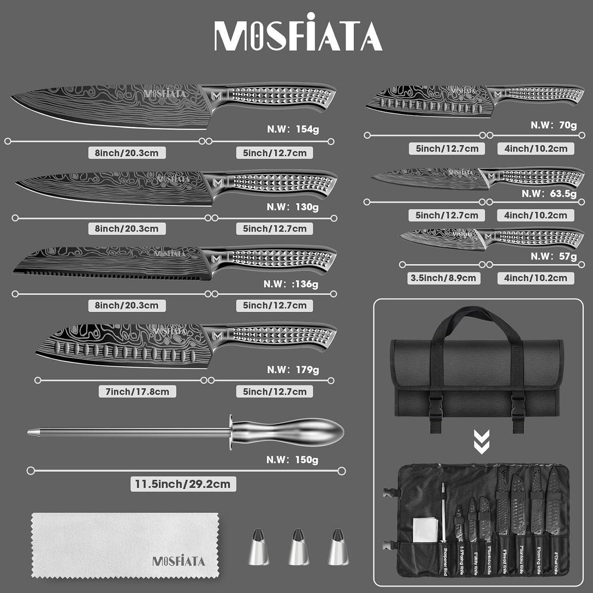 12-teiliges Küchenmesser-Set Edelstahl mit Wetzstahl & Tasche