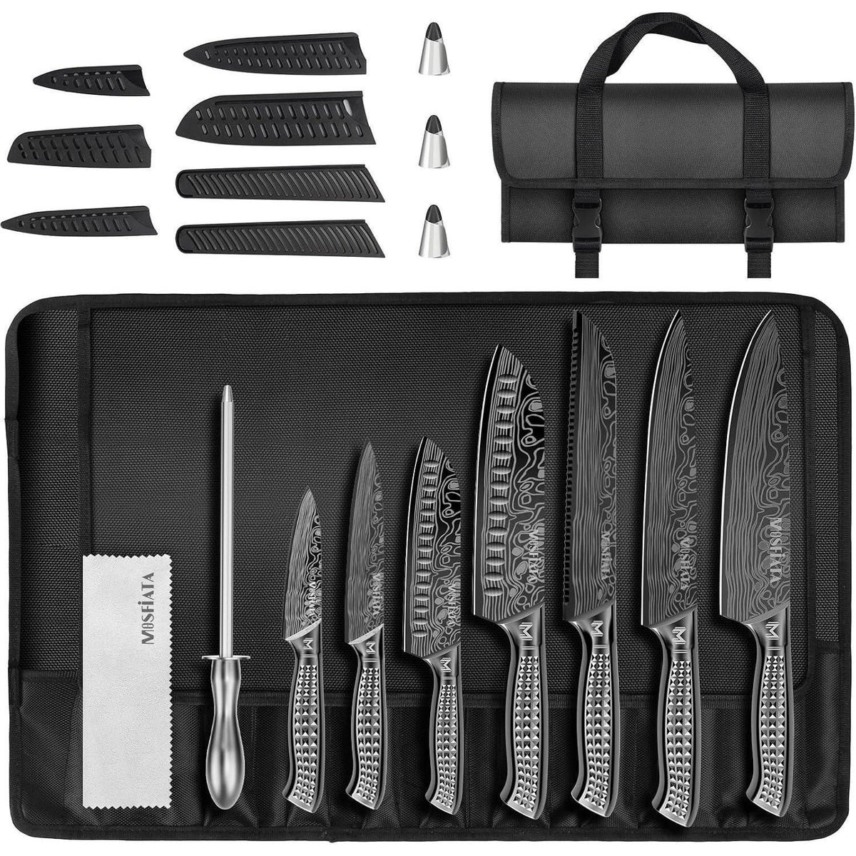 12-teiliges Küchenmesser-Set Edelstahl mit Wetzstahl & Tasche