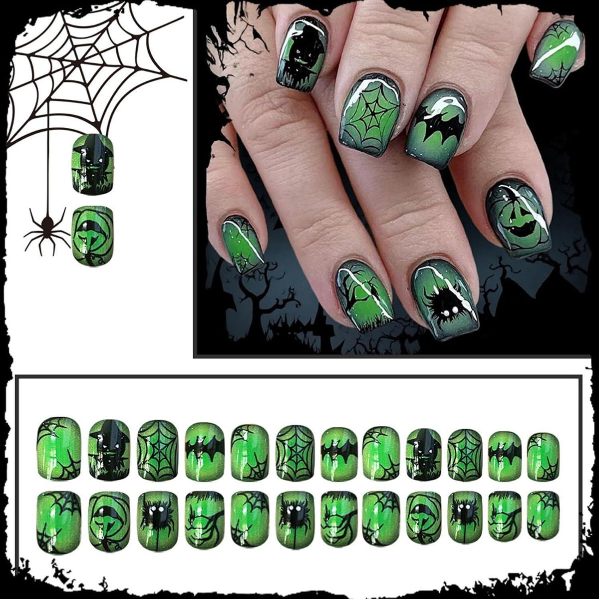 24 Halloween Nägel Aufkleben Kurz Eckig Grün Kürbis Spinnennetz