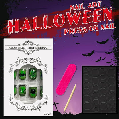 24 Halloween Nägel Aufkleben Kurz Eckig Grün Kürbis Spinnennetz