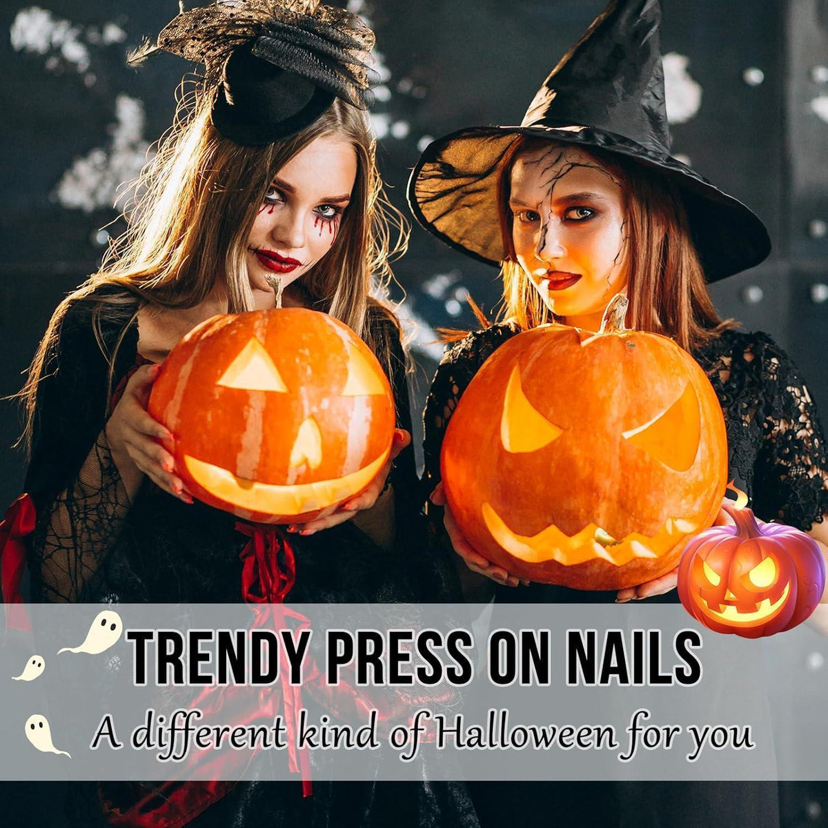 24 Halloween Nägel Aufkleben Kurz Eckig Grün Kürbis Spinnennetz