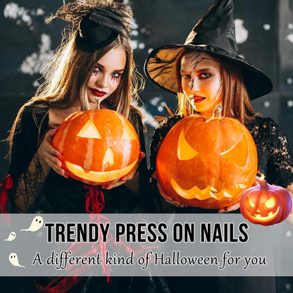 24 Halloween Nägel Aufkleben Kurz Eckig Grün Kürbis Spinnennetz
