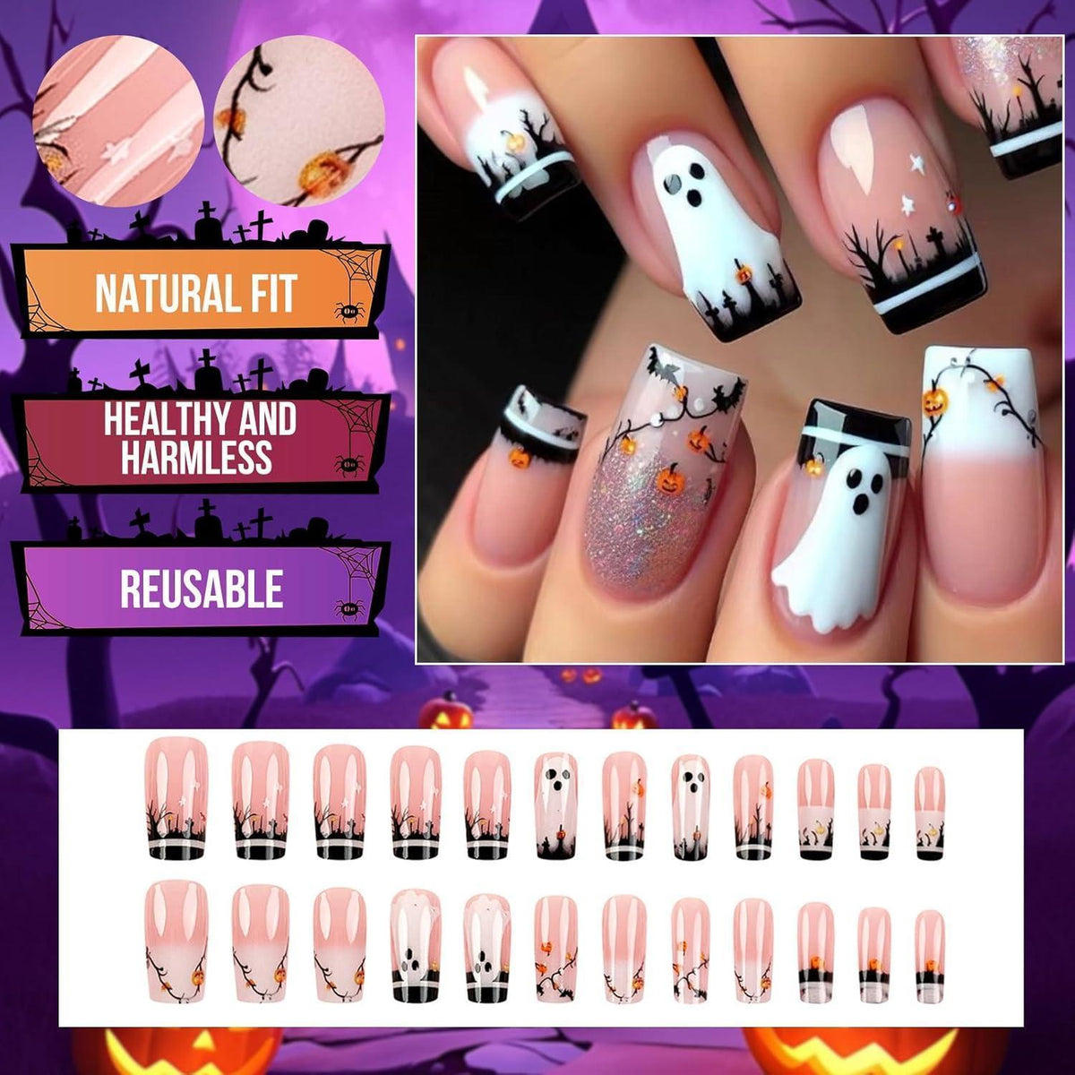 24 Eckige Halloween Nägel Schwarz Glitzer & Nude Rosa Press On Nails