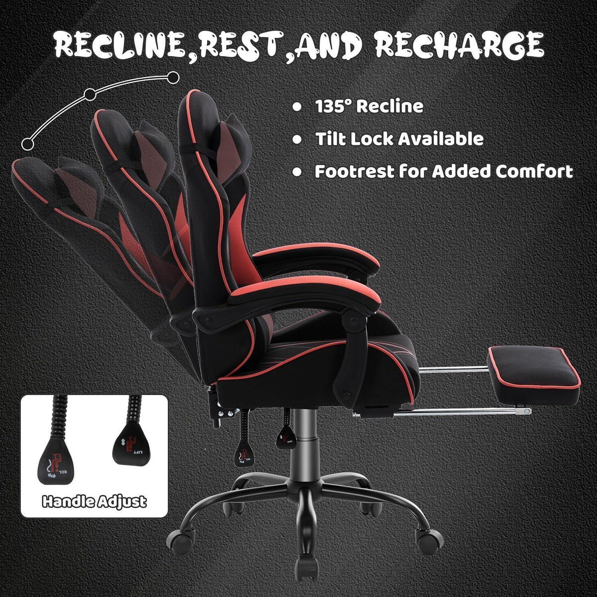 Ergonomischer Gaming Stuhl mit Fußstütze & Lendenkissen – Schwarz