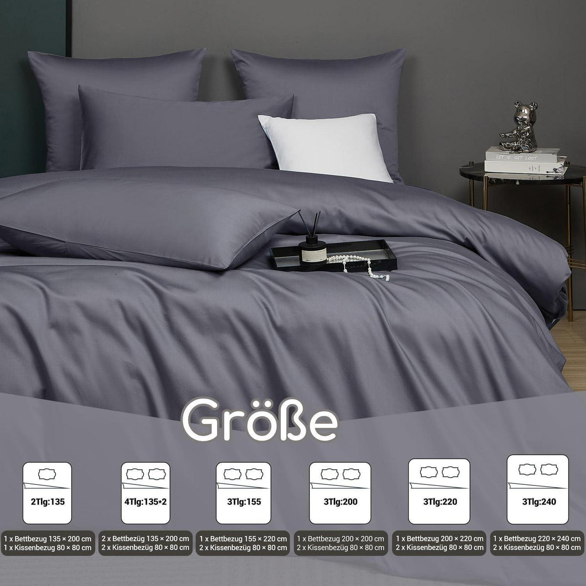 Mako Satin Bettwäsche Set 200x200 Hellgrau Anthrazit